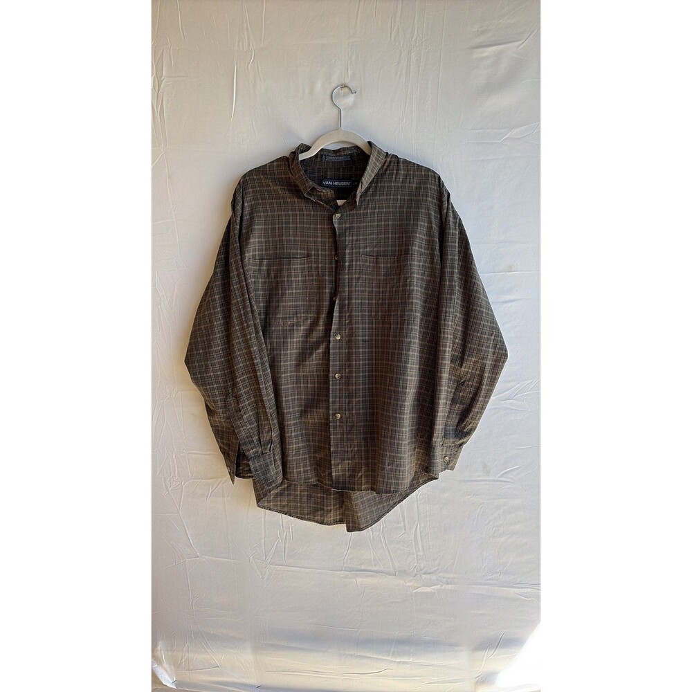 Vintage Van Heusen Large Plaid Button-Down Shirt Brown Green